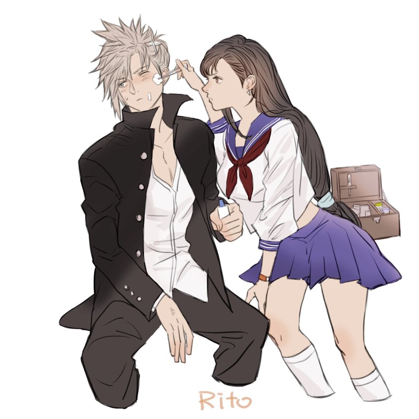 1boy 1girl averting_eyes bandaid bandaid_on_cheek bandaid_on_face black_jacket black_pants blonde_hair blue_eyes blue_sailor_collar blue_skirt blush bottle buttons cloud_strife cloud_strife_(midgard_seventh_high_school) collarbone commentary_request cropped_legs delinquent earrings final_fantasy final_fantasy_vii final_fantasy_vii_ever_crisis first_aid first_aid_kit gakuran hair_behind_ear hair_ornament hairclip highres holding holding_bottle holding_tweezers invisible_chair jacket jewelry kneehighs long_hair looking_at_another low-tied_long_hair midriff_peek miniskirt neckerchief official_alternate_costume one_eye_closed open_clothes open_jacket pants pleated_skirt popped_collar red_eyes red_neckerchief sailor_collar school_uniform serafuku short_hair sitting skirt socks spiked_hair sweatdrop tifa_lockhart tifa_lockhart_(midgard_seventh_high_school) tori_(labyrinth_fft) white_background white_serafuku white_socks