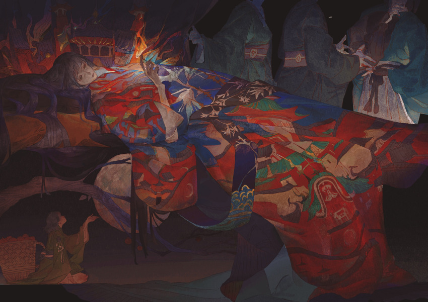 2girls absurdres alternate_costume basket black_hair branch chinese_commentary commentary_request dual_persona expressionless final_fantasy final_fantasy_xiv fine_art_parody fire food fruit full_body full_moon girl_in_red_kimono_(painting) green_eyes green_kimono hair_spread_out half-closed_eyes highres holding_matchstick hyur japanese_clothes kimono long_hair lying moon multiple_girls on_back parody people red_kimono solo_focus yotsuyu_goe_brutus zi24244413