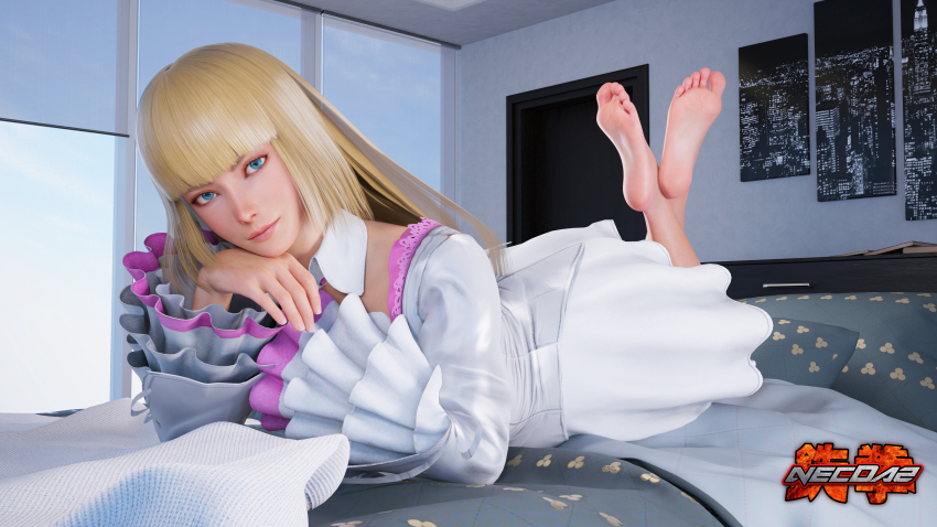 1girl 3d absurdres aqua_eyes artist_name barefoot bed_sheet blonde_hair blunt_bangs blush crossed_ankles detached_collar dress emilie_de_rochefort eyelashes feet feet_up frilled_sleeves frills full_body hands_up highres indoors lili_(tekken) lips logo_parody long_hair long_sleeves looking_at_viewer lying necdaz91 on_bed on_stomach soles solo tekken the_pose toes white_dress window