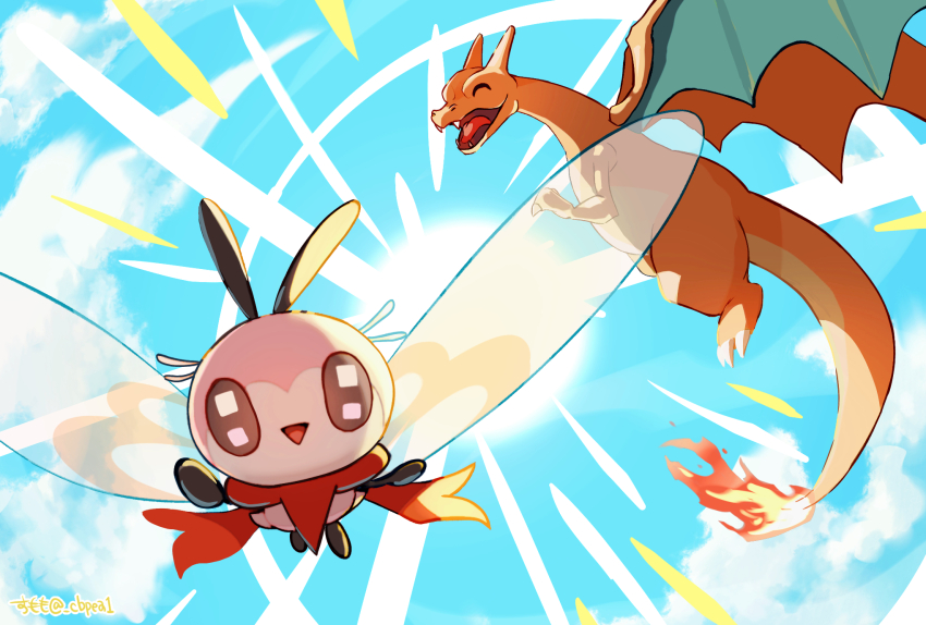 :d cbpea1 charizard closed_eyes cloud commentary_request day fangs fire flame-tipped_tail gen_1_pokemon gen_7_pokemon happy highres nintendo no_humans open_mouth outdoors pokemon pokemon_(creature) red_scarf ribombee scarf sky smile tail tongue