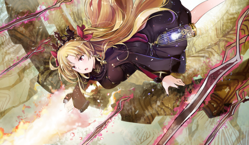 1girl absurdres black_dress black_nails blonde_hair brown_eyes diadem dress ereshkigal_(fate) ereshkigal_(third_ascension)_(fate) fate/grand_order fate_(series) female_focus fire flaming_weapon floating_hair hair_ribbon highres jeffrey10 long_hair nail_polish open_mouth outstretched_arm red_ribbon ribbon short_dress solo tohsaka_rin very_long_hair weapon