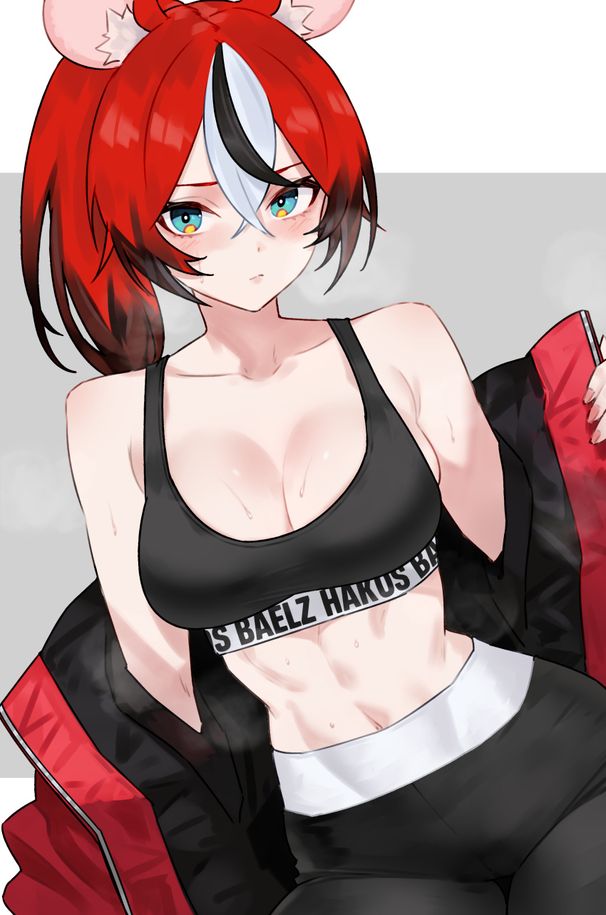 1girl absurdres alternate_costume animal_ears black_hair black_sports_bra blue_eyes bluefield breasts character_name cleavage closed_mouth clothes_writing collarbone grey_background hair_between_eyes hakos_baelz high-waist_pants highres hololive hololive_english jacket large_breasts looking_at_viewer medium_hair midriff mouse_ears mouse_girl multicolored_hair navel pants ponytail red_hair red_jacket solo sports_bra sweat toned two-tone_background virtual_youtuber white_background white_hair