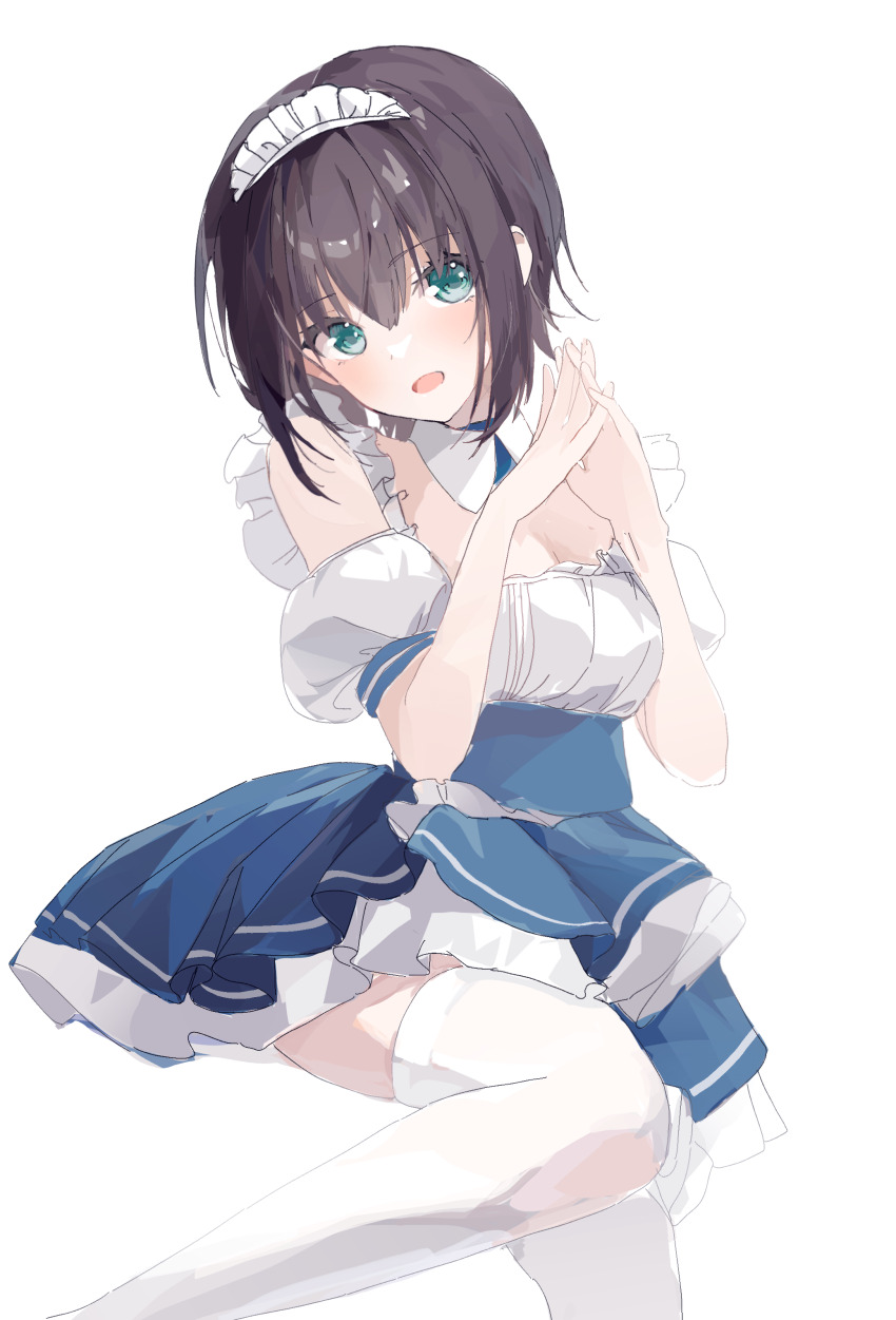 1girl :d absurdres alternate_costume aoi_erika apron aqua_eyes black_hair blue_dress blush breasts cleavage commentary_request detached_collar dress enmaided feet_out_of_frame frilled_apron frills hands_up heaven_burns_red highres interlocked_fingers looking_at_viewer maid maid_apron maid_headdress medium_breasts nujii open_mouth own_hands_together short_hair simple_background sketch smile solo thighhighs white_apron white_background white_thighhighs