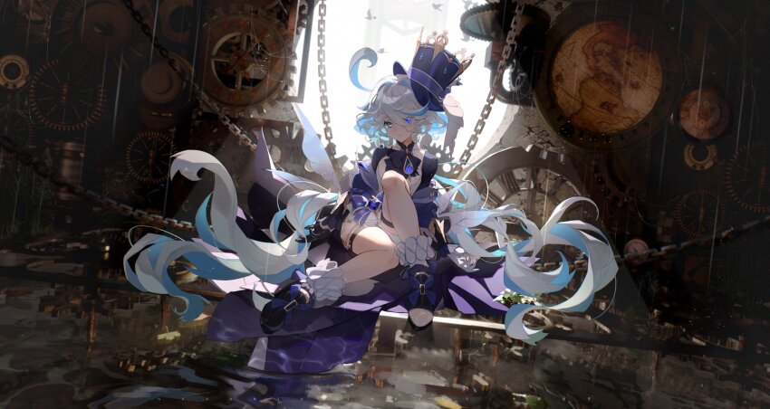1girl absurdres ahoge ascot black_ascot blue_eyes chain commentary_request drop-shaped_pupils furina_(genshin_impact) gears genshin_impact hair_between_eyes hat heterochromia highres indoors jewelry long_hair long_sleeves looking_at_viewer low_twintails mismatched_pupils multicolored_hair shoes short_shorts shorts sidelocks sitting snowflake_(diodarja) socks solo streaked_hair symbol-shaped_pupils thighlet top_hat twintails two-tone_hair wavy_hair white_shorts white_socks window