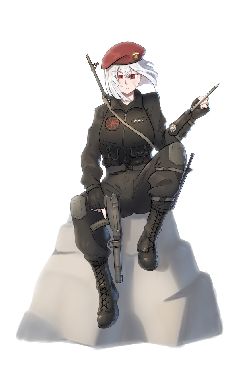 absurdres albino ammunition_pouch belt beret black_gloves boots cargo_pants chevron_(symbol) clenched_hand combat_boots commission commissioner_upload concealed_weapon cyrillic dagger dragunov_svd facial_scar fingerless_gloves fluffkaiser gloves gun hat hidden_blade_(assassin&#039;s_creed) highres holding holding_gun holding_weapon knee_pads knife kolovrat_(symbol) medium_hair military_fatigues military_uniform name_tag non-web_source original pants patch pouch red_eyes rifle rock russo-ukrainian_war scar scar_on_cheek scar_on_face scorpions_(paramilitary) serbia serbian_black_hand serbian_flag sheath sheathed sitting skorpion_vz._61 sniper_rifle soldier submachine_gun suppressor weapon white_hair zarya_petrovic zastava_m76