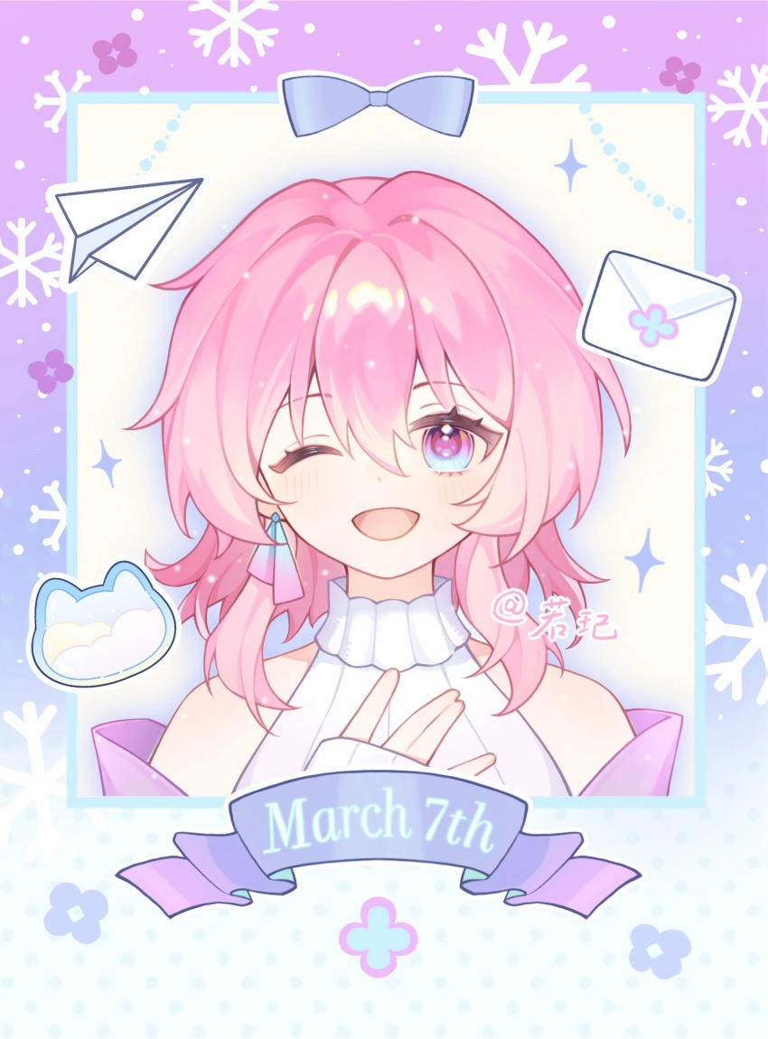 1girl ;d bare_shoulders blue_eyes character_name highres honkai:_star_rail honkai_(series) letter looking_at_viewer march_7th_(honkai:_star_rail) multicolored_eyes official_alternate_costume one_eye_closed open_mouth paper_airplane pink_hair portrait purple_eyes ruo_qi short_hair sleeveless sleeveless_turtleneck smile solo sweater turtleneck turtleneck_sweater two-tone_eyes white_sweater