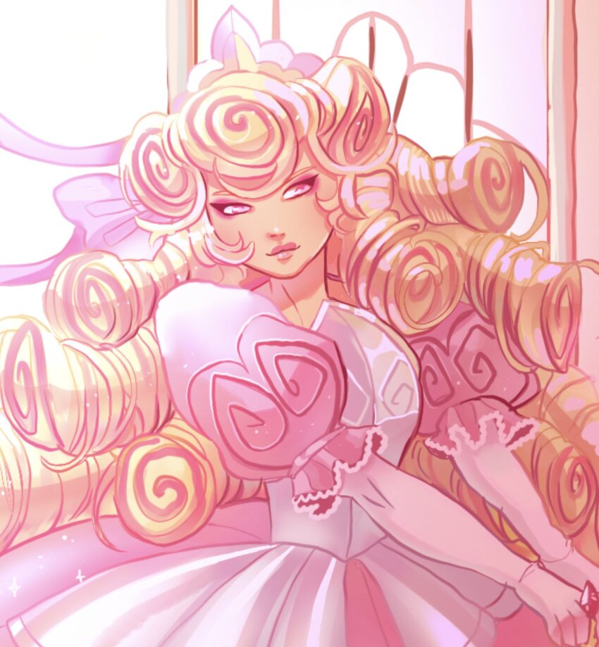 1girl blonde_hair character_name colored_eyelashes cookie_run cookie_run:_kingdom dress heart highres humanization kouign-amann_cookie long_hair looking_at_viewer multicolored_hair open_mouth personification pink_dress pink_eyes pink_hair smile solo surviviann sword weapon