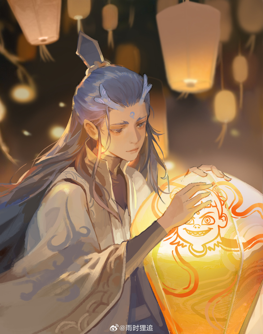 1boy absurdres ao_bing_(nezha_zhi_motong_jiangshi) bishounen blue_eyes blue_hair chinese_clothes dragon_boy dragon_horns facial_mark forehead_mark glowing_lantern highres horns lantern looking_at_object neon_(zuicongming) nezha_(nezha_zhi_motong_jiangshi) nezha_zhi_motong_jiangshi paper_lantern robe solo watermark weibo_username weibo_watermark white_robe xiao_guan_(headdress)