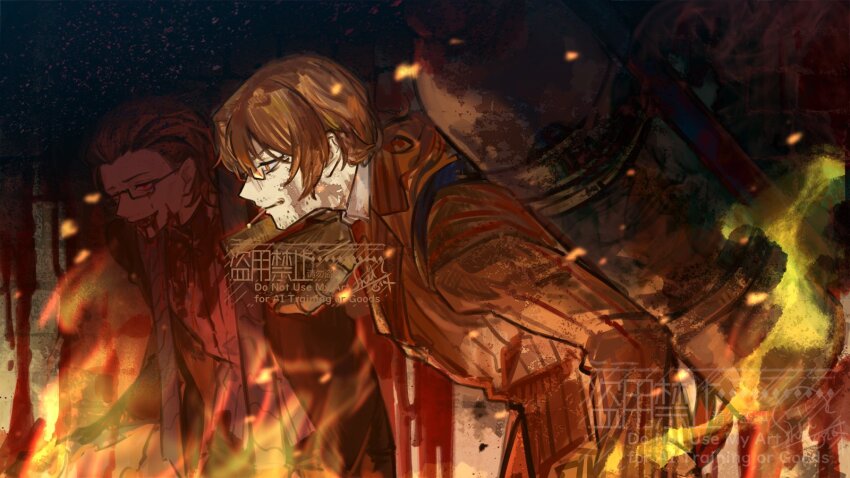 2boys black_coat brown_hair brown_jacket cigarette coat dual_persona fire firefist_office_(identity)_(project_moon) fuel_tank gauntlets glasses gregor_(project_moon) hair_slicked_back highres jacket la_manchaland_(identity)_(project_moon) limbus_company long_hair low_ponytail multiple_boys nishikujic orange_eyes ponytail project_moon red_eyes striped_clothes striped_jacket thighhighs