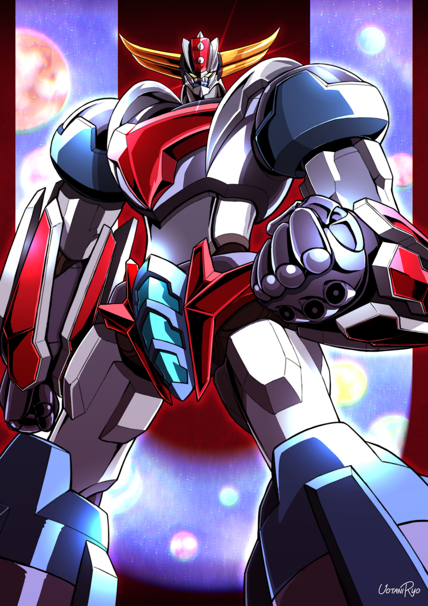absurdres clenched_hands gachirin grendizer grendizer_(grendizer_u) grendizer_u highres horns huge_horns looking_at_viewer mazinger_(series) mecha mecha_focus no_humans redesign robot science_fiction super_robot ufo_robo_grendizer yellow_eyes