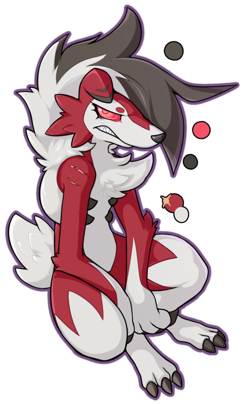 black_fur claws color_guide game_freak gen_7_pokemon highres honky_kat looking_at_viewer lycanroc lycanroc_(midnight) multicolored_fur nintendo no_humans pokemon pokemon_(creature) red_eyes red_fur sharp_teeth simple_background solo teeth transparent_background white_fur