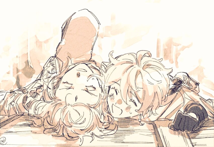 2boys ^_^ aether_(genshin_impact) border closed_eyes commentary_request earrings facial_mark facing_another fading_border fallen_down forehead_mark genshin_impact gloves hair_between_eyes hatching_(texture) jewelry knee_up laughing light_blush lying male_focus monochrome multiple_boys on_back on_floor on_stomach open_mouth reimi0792 sepia side-by-side signature single_earring sketch sweatdrop watercolor_effect xiao_(genshin_impact)
