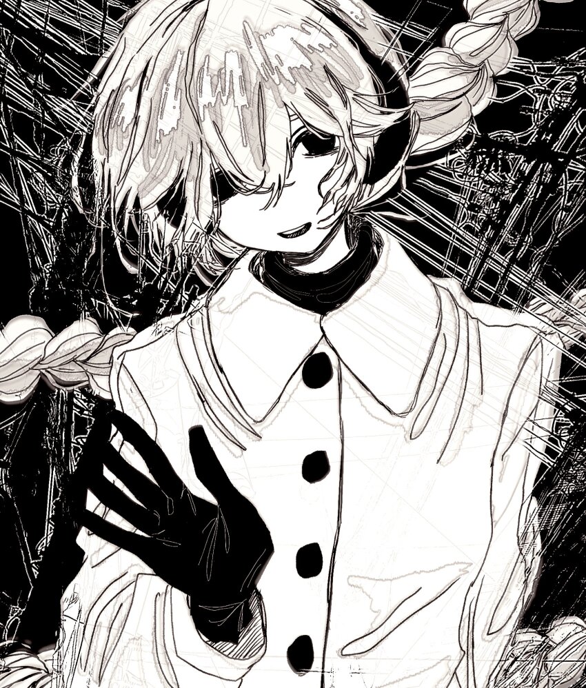 1girl abstract_background arm_at_side bags_under_eyes braid braided_ponytail buttons coat earmuffs empty_eyes floating_hair gloves greyscale hair_floating_upwards half-closed_eyes hand_up head_tilt highres long_hair long_sleeves looking_at_viewer messy_hair monochrome open_mouth power_lines sekka_yufu shirt smile upper_body utau very_long_hair wada140 waving winter_clothes winter_coat