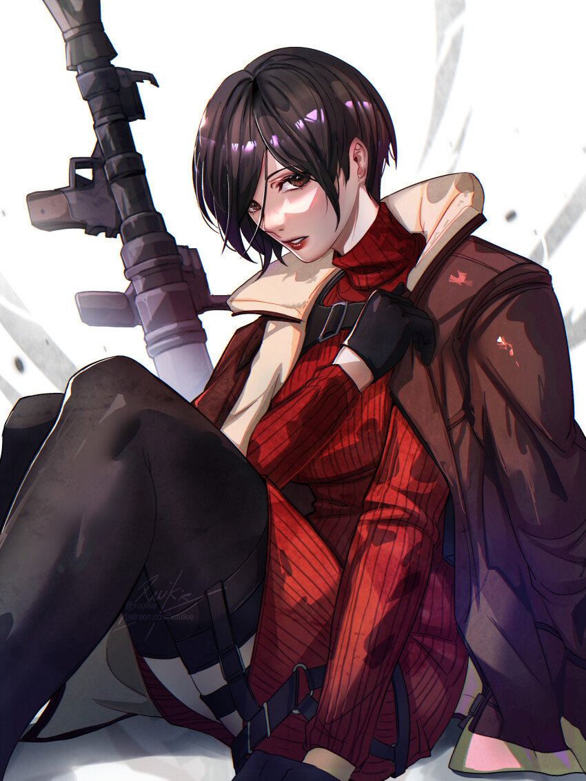 1girl absurdres ada_wong black_socks dress highres jacket looking_at_viewer medium_hair resident_evil resident_evil_4 rocket_launcher rpg rpg-7 rpg_(weapon) socks solo thighhighs turtleneck turtleneck_dress weapon xuuikie_ashe