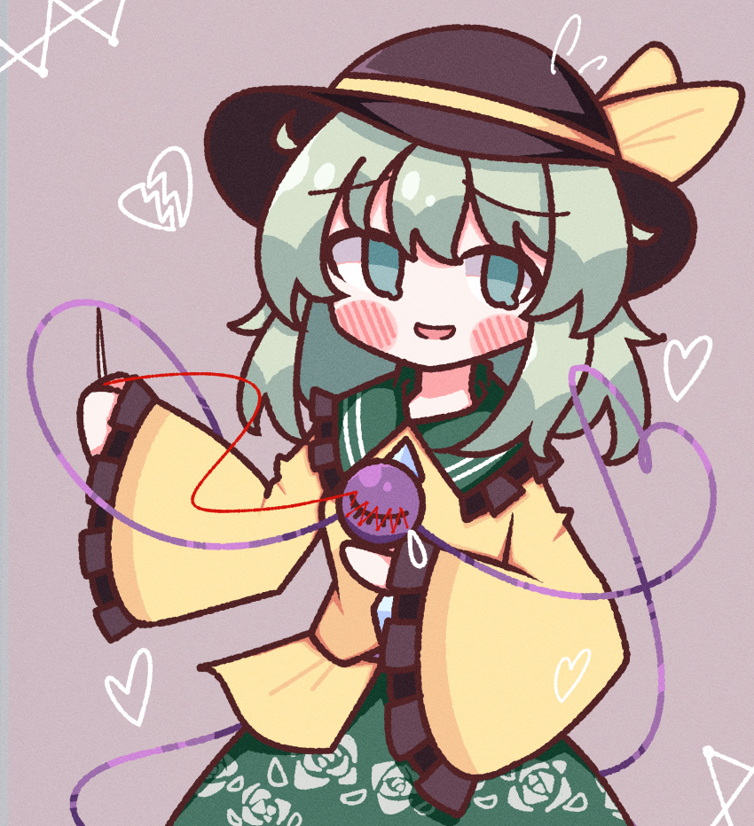 1girl absurdres black_hat blush bow buttons diamond_button floral_print frilled_shirt_collar frilled_sleeves frills green_eyes green_hair green_skirt hat hat_bow heart heart_of_string highres holding holding_needle komeiji_koishi light_green_hair long_sleeves medium_hair needle open_mouth rose_print sewing sewing_needle shirt simple_background skirt sleeves_past_fingers sleeves_past_wrists solo third_eye touhou waroemon yellow_bow yellow_shirt