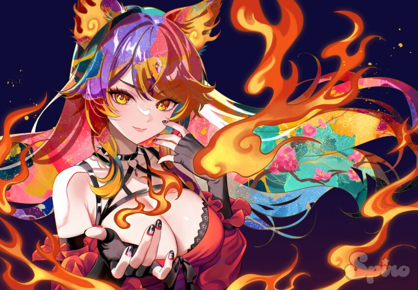 absurdres animal_ears artist_name black_choker black_gloves black_nails breasts choker cleavage closed_mouth collarbone fiery_ears fingerless_gloves fire gloves highres indie_virtual_youtuber large_breasts lips long_hair multicolored_hair orange_hair pink_hair purple_hair sinder_(vtuber) sinder_(vtuber)_(sinder_2.0) spiked_choker spikes spiro_(supirou2052) upper_body virtual_youtuber wolf_ears wolf_girl yellow_eyes