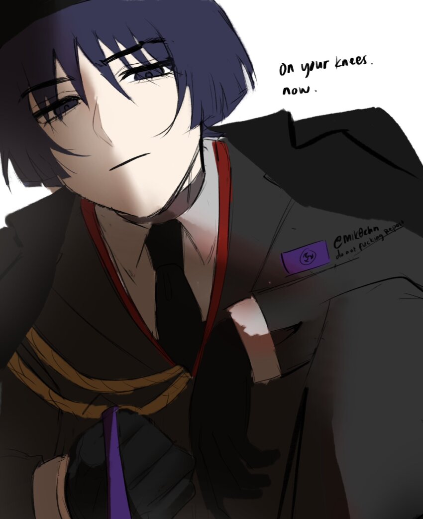1boy aiguillette alternate_costume arm_on_thigh black_coat black_eyes black_gloves black_hair black_necktie clenched_hand closed_mouth coat coat_on_shoulders collared_shirt electro_symbol_(genshin_impact) empty_eyes english_text genshin_impact gloves grey_jacket grey_pants grey_sleeves highres holding holding_leash jacket lapels layered_sleeves leash long_sleeves looking_down male_focus mik0chn military_uniform mitsudomoe_(shape) necktie open_hand pants pov scaramouche_(genshin_impact) shirt sketch solo staring tomoe_(symbol) twitter_username viewer_on_leash white_background white_shirt white_sleeves wispy_bangs