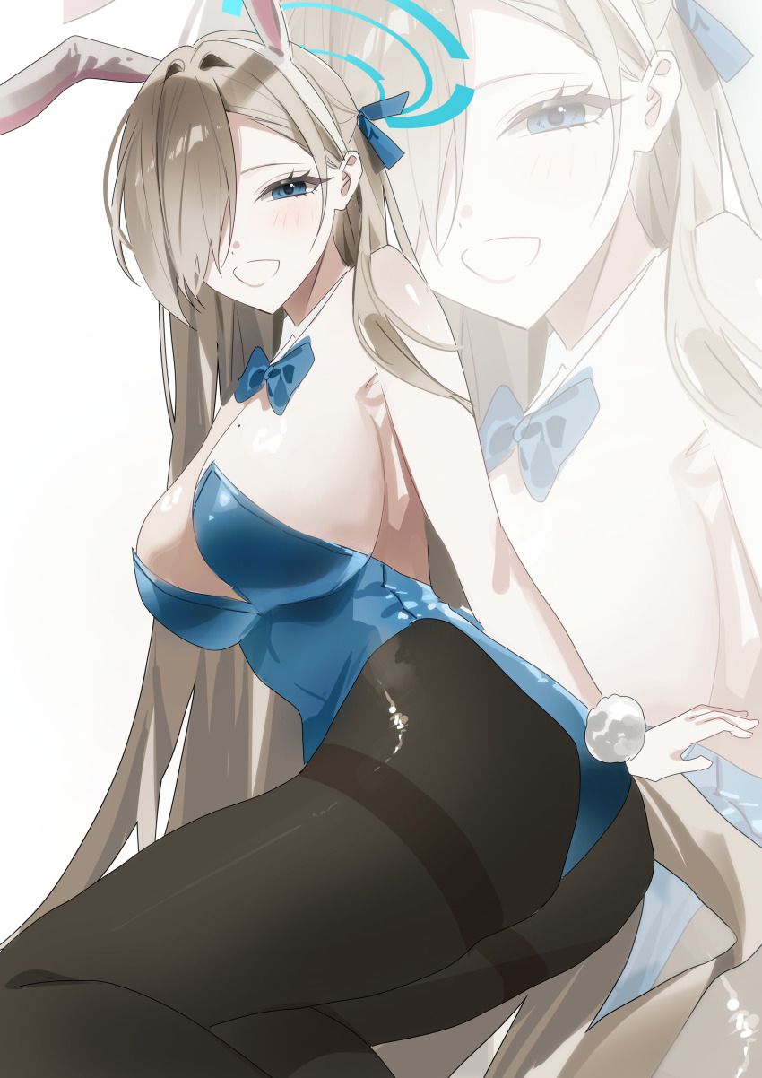 1girl absurdres animal_ears aqua_leotard asuna_(blue_archive) asuna_(bunny)_(blue_archive) asymmetrical_bangs blue_archive blue_bow blue_bowtie blue_halo blue_leotard bow bowtie breasts detached_collar fake_animal_ears fake_tail hair_over_one_eye halo highleg highleg_leotard highres leotard light_brown_hair looking_at_viewer mole mole_on_breast official_alternate_costume pantyhose pibag playboy_bunny rabbit_ears smile solo_focus strapless strapless_leotard tail thighband_pantyhose traditional_bowtie zoom_layer