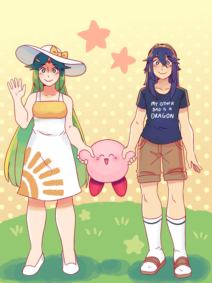 2girls absurdres blue_eyes blue_hair blush dres dress closed_eyes fire_emblem fire_emblem_awakening frogbians full_body green_eyes green_hair holding_hands hat highres kid_icarus kirby kirby_(series) long_hair looking_at_viewer lucina_(fire_emblem) multiple_girls nintendo palutena shirt shorts smile sundress super_smash_bros. tiara waving yuri
