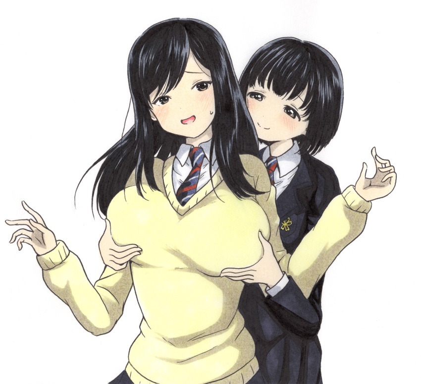 2girls absurdres ajikeneko black_hair breasts grabbing_another&#039;s_breast grabbing_from_behind grey_eyes groping highres koguma_(super_cub) large_breasts light_blush long_hair multiple_girls naughty_face necktie open_mouth reiko_(super_cub) school_uniform short_hair simple_background skirt smile super_cub sweatdrop sweater traditional_media white_background yuri