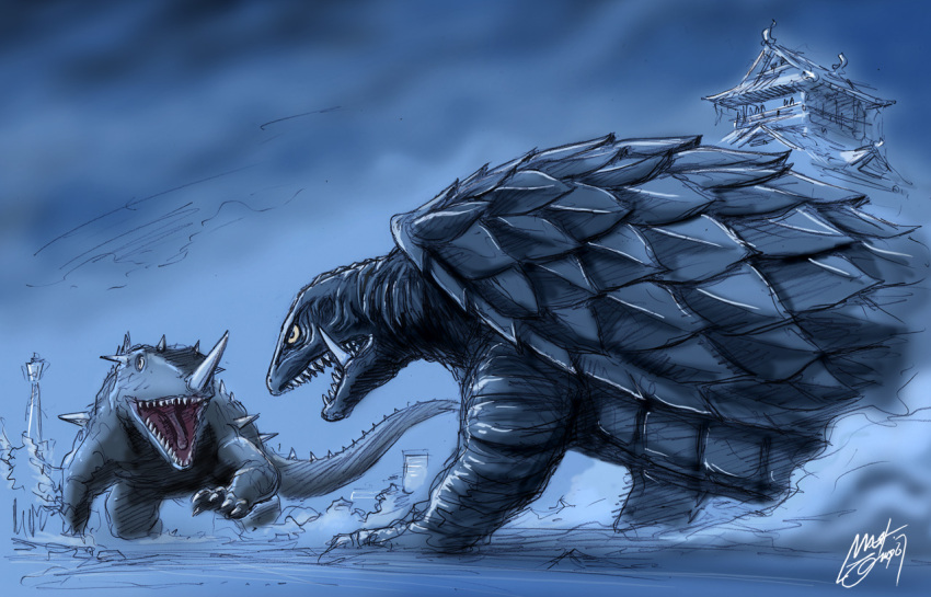 barugon building castle daiei_motion_picture dated gamera gamera_(series) gamera_vs._barugon giant giant_monster horns ice icicle kaiju lizard monster night nishikawa_shinji no_humans open_mouth osaka_(city) osaka_castle pagoda real_world_location sea_monster sharp_teeth signature snow spikes tail teeth tongue tower tsutenkaku_(tower) turtle tusks yellow_eyes