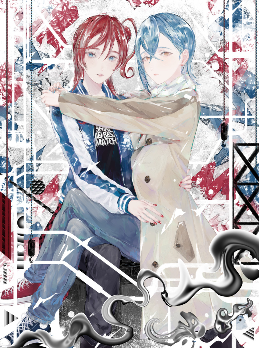 2girls abstract_background alternate_costume asymmetrical_footwear black_pants black_shirt blue_eyes blue_footwear blue_hair blue_jacket blue_nails blue_pants brown_coat buttons casual closed_mouth clothes_writing coat commentary crossed_bangs double-breasted english_text feet_out_of_frame hair_bun highres jacket long_sleeves looking_at_viewer love_live! love_live!_superstar!! mismatched_footwear multiple_girls open_clothes open_jacket orange_eyes pants parted_lips red_footwear red_hair red_nails shirt shoes short_hair short_hair_with_long_locks single_side_bun sitting sitting_on_lap sitting_on_person sneakers track_jacket wakana_shiki yoneme_mei yoruneko_yashiro