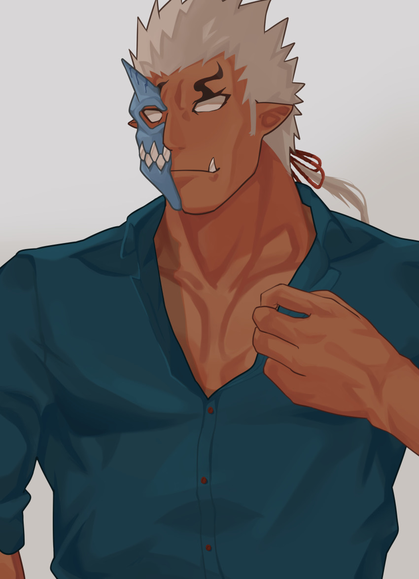 1boy absurdres adjusting_clothes bara blue_shirt commentary dark-skinned_male dark_skin grey_background half_mask highres horned_mask horns large_pectorals long_sideburns low_ponytail male_focus mask monster_boy muscular muscular_male no_pupils oni_mask pectoral_cleavage pectorals pointy_ears ponytail shirt shuten_douji_(housamo) sideburns single_horn solo t-ryu tokyo_houkago_summoners tusks upper_body white_hair