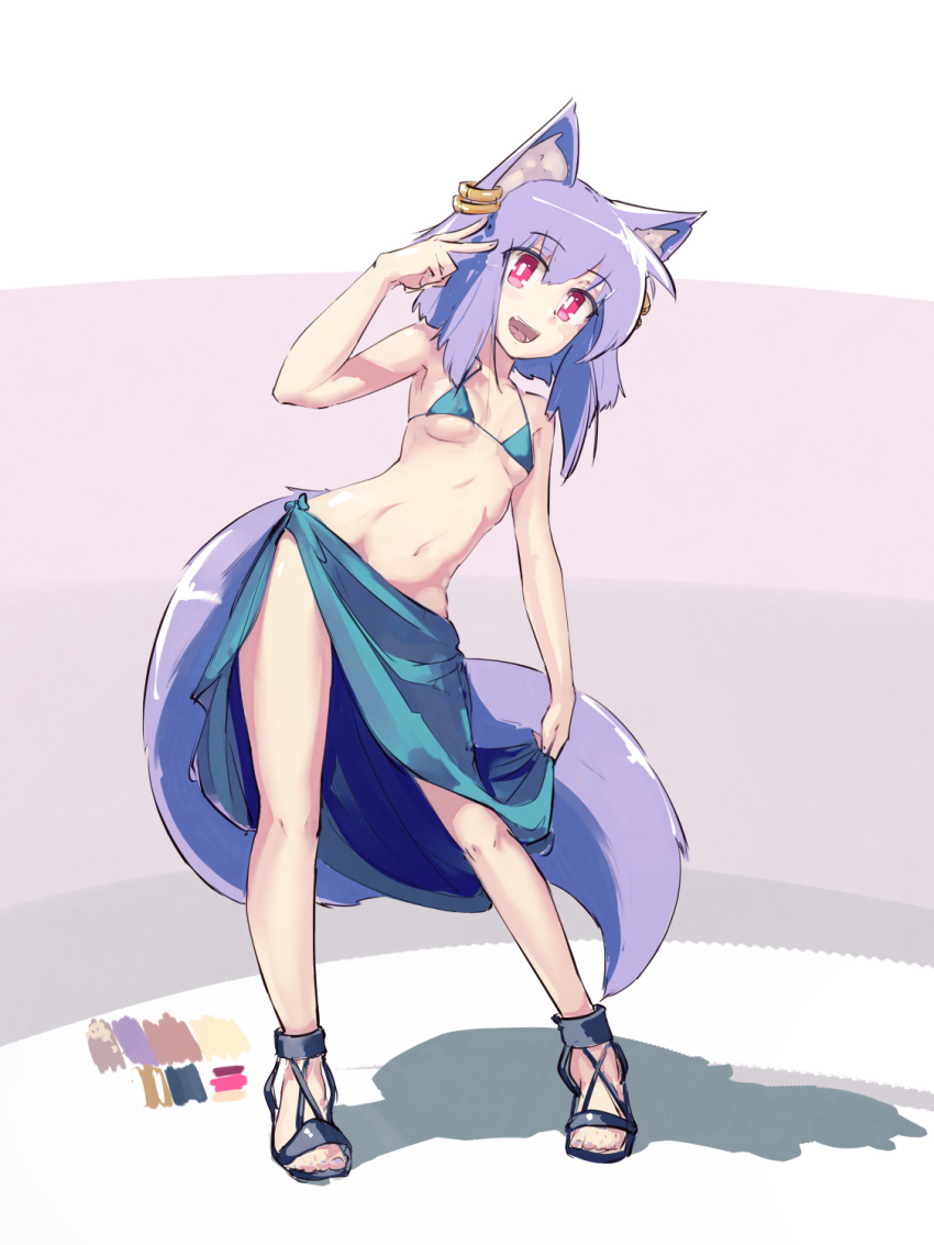 1girl :d animal_ear_fluff animal_ear_piercing animal_ears aqua_bikini aqua_sarong bikini black_sandals breasts bright_pupils color_guide commentary fox_ears fox_girl fox_tail full_body gold_(mantafriend) hair_between_eyes hand_up highres inward_v leaning_to_the_side looking_at_viewer medium_hair open_mouth original piercing platinum_(mantafriend) purple_hair rectangular_pupils red_eyes sandals sarong sarong_hold shadow side_slit simple_background sketch small_breasts smile solo standing string_bikini swimsuit tail v white_pupils
