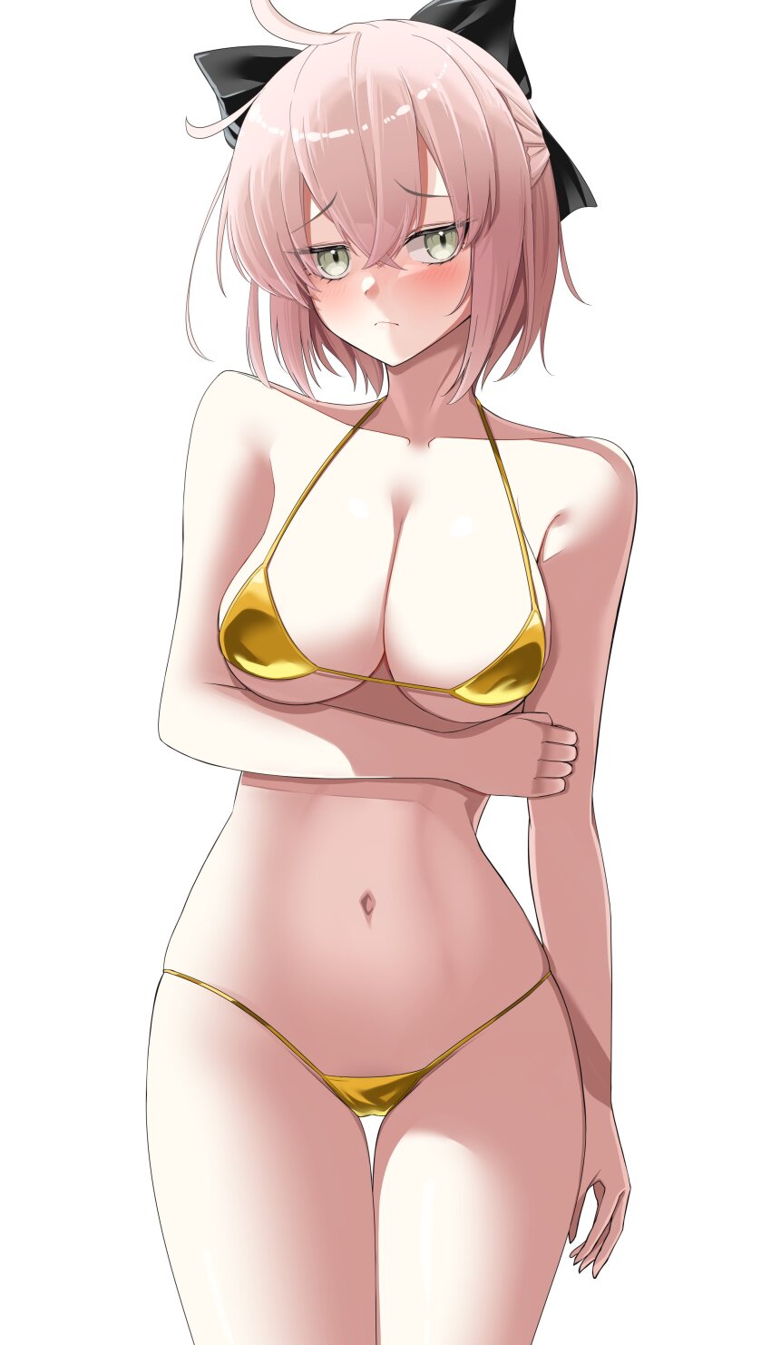 1girl absurdres ahoge arm_under_breasts bikini black_ribbon blush breasts commentary_request fate/grand_order fate_(series) gold_bikini green_eyes grey_hair hair_ribbon highres large_breasts nigori_(keydoor) okita_souji_(fate) ribbon short_hair simple_background solo swimsuit thighs white_background