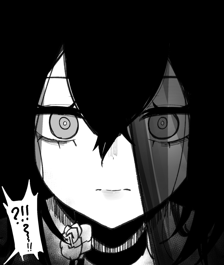 !? 1girl closed_mouth dandelion_(girls&#039;_frontline) eonsang expressionless girls&#039;_frontline greyscale hair_between_eyes highres long_hair looking_at_viewer monochrome spoken_interrobang