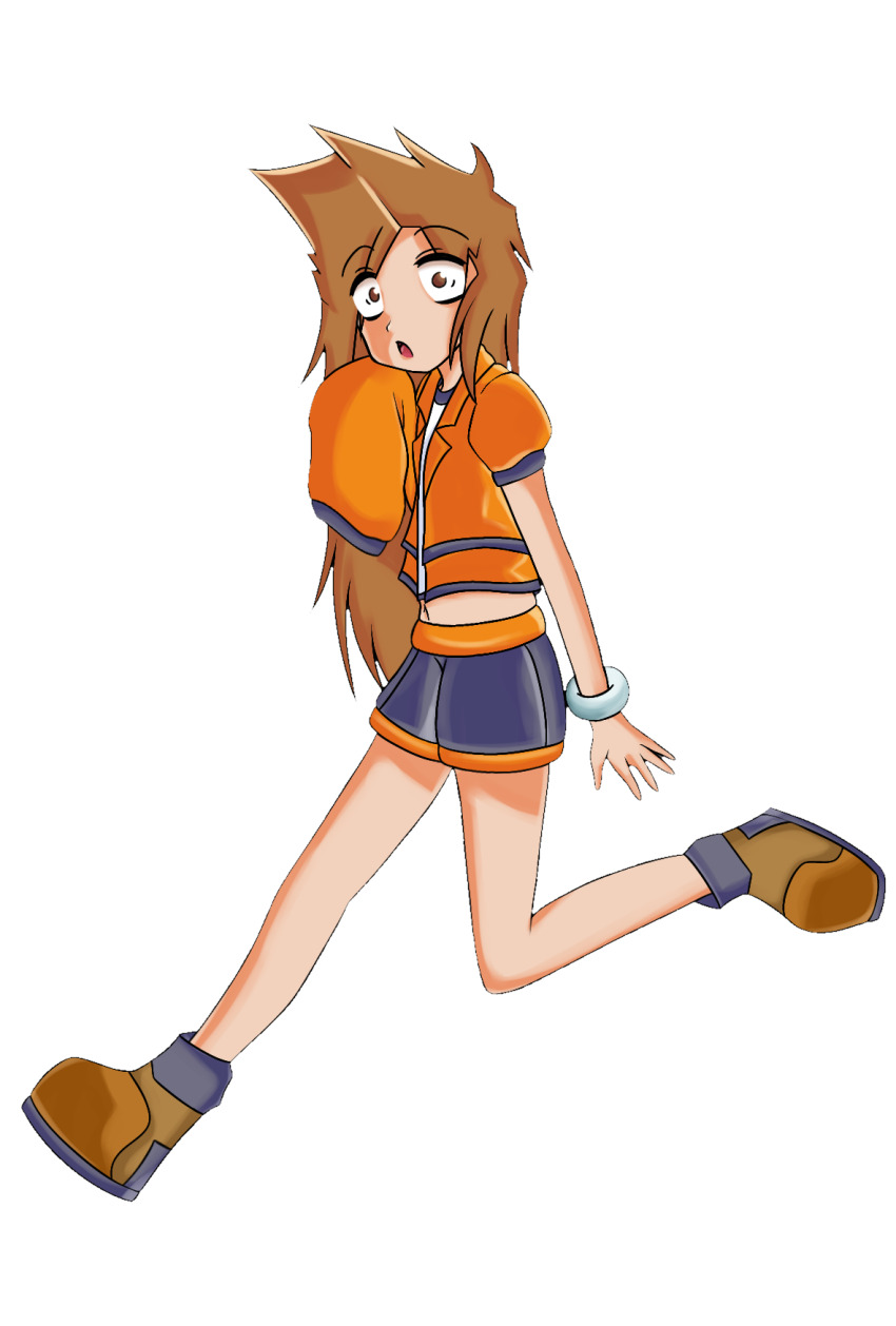 ace_attorney bracelet brown_eyes brown_footwear brown_hair highres jacket jewelry larry_butz long_sleeves non-web_source open_mouth orange_jacket short_sleeves shorts surprised transparent_background