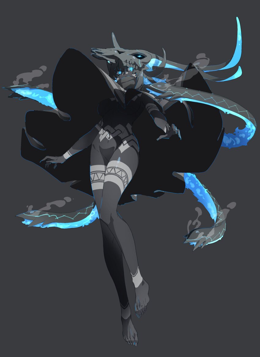 1girl absurdres animal_skull barefoot blue_eyes blue_hair breasts check_commentary cloak colored_skin commentary commentary_request cow_skull facial_mark feet fingernails floating floating_hair foreshortening full_body glowing glowing_eyes glowing_hair grey_background grey_nails grey_skin hair_between_eyes highres linea_alba long_fingernails long_hair long_toenails looking_at_viewer looking_down medium_breasts multicolored_hair naked_cloak navel original poncho prehensile_hair print_request sharp_toenails shiny_skin skull skull-shaped_hat smoke solo teeth toenails two-tone_hair upper_teeth_only very_long_toenails wen_(yamunashi_(soregoshi)) yamunashi_(soregoshi)