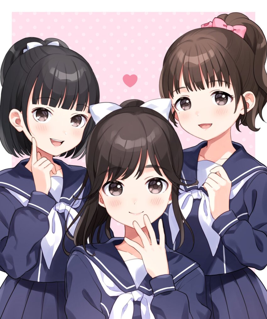 3girls anegasaki_nene black_hair blue_sailor_collar blue_serafuku blue_shirt blue_skirt blunt_bangs bow brown_hair hair_bow hair_ribbon heart highres index_finger_raised kobayakawa_rinko long_hair love_plus multiple_girls neckerchief pink_bow pleated_skirt ponytail ribbon sailor_collar sailor_shirt school_uniform serafuku shirt short_hair sidelocks skirt smile takane_manaka white_neckerchief white_ribbon yui_(spica)