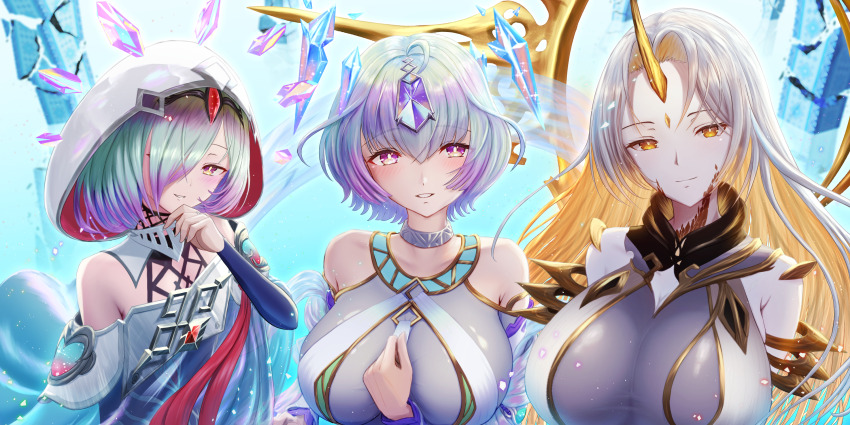 3girls arms_behind_back bare_shoulders blonde_hair blush breasts closed_mouth colored_inner_hair commentary_request dress fire_emblem fire_emblem_heroes gem gradient_hair green_hair grey_hair gullveig_(fire_emblem) hair_between_eyes hair_over_one_eye highres hood hood_up horns kvasir_(fire_emblem) large_breasts long_hair looking_at_viewer matoimangekyo multicolored_hair multiple_girls nintendo pale_skin purple_eyes purple_hair seidr_(fire_emblem) short_hair single_horn sleeveless sleeveless_dress smile two-tone_hair upper_body very_long_hair yellow_eyes yellow_horns