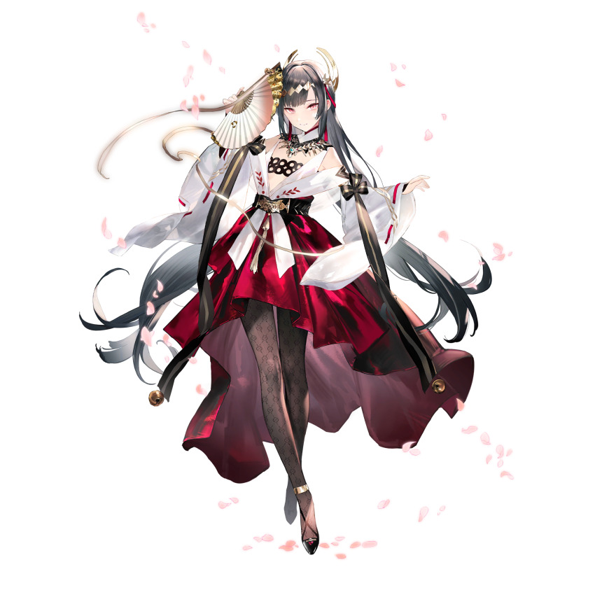 1girl black_hair black_pantyhose breasts full_body game_cg girls&#039;_frontline girls&#039;_frontline_neural_cloud guagua0313 highres japanese_clothes kimie_(neural_cloud) long_hair looking_at_viewer nontraditional_miko official_art outstretched_arms pantyhose pink_eyes red_skirt skirt small_breasts smile solo tachi-e third-party_source transparent_background wide_sleeves