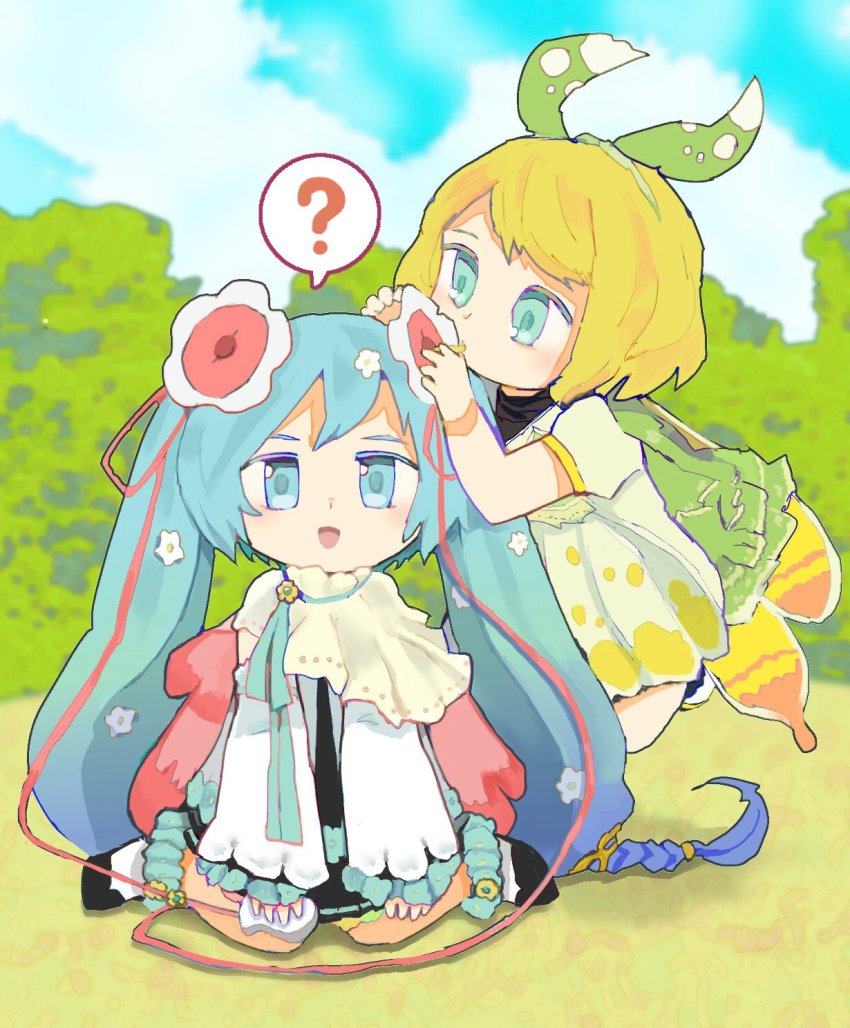 2girls ? aqua_eyes aqua_hair black_shirt black_skirt blonde_hair blue_hair bow braid capelet chibi commentary day dress floating flower gradient_hair green_bow green_capelet green_dress hair_bow hair_flower hair_ornament hands_on_own_knees hatsune_miku highres holding holding_flower kagamine_rin layered_sleeves long_hair looking_at_viewer magical_mirai_(vocaloid) magical_mirai_miku magical_mirai_miku_(2021) magical_mirai_rin magical_mirai_rin_(2021) medallion miniskirt multicolored_hair multiple_girls open_mouth outdoors pleated_skirt ribbon shirt short_hair sitting skirt spoken_question_mark tree twintails two-tone_hair very_long_hair vocaloid wariza white_dress white_flower white_sleeves wings yasuraka