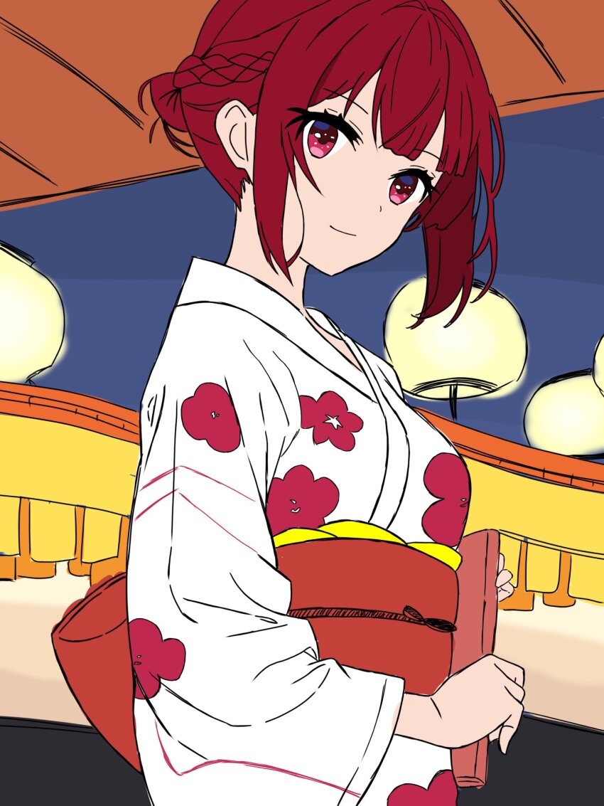 1girl arima_kana bokutaaaa book colored_skin flower happy highres holding holding_book japanese_clothes kimono looking_at_viewer oshi_no_ko pink_flower red_eyes red_hair short_hair smile solo upper_body white_kimono white_skin