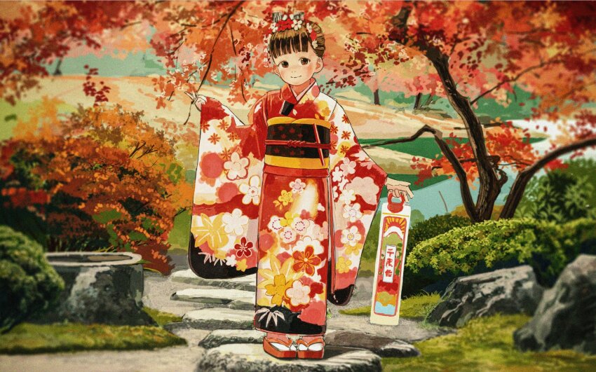 1girl autumn blush brown_eyes brown_hair eikoh flower full_body hair_flower hair_ornament hair_up highres japanese_clothes kimono looking_at_viewer nature obi original outdoors print_kimono sandals sash smile solo tabi tree wide_sleeves zouri