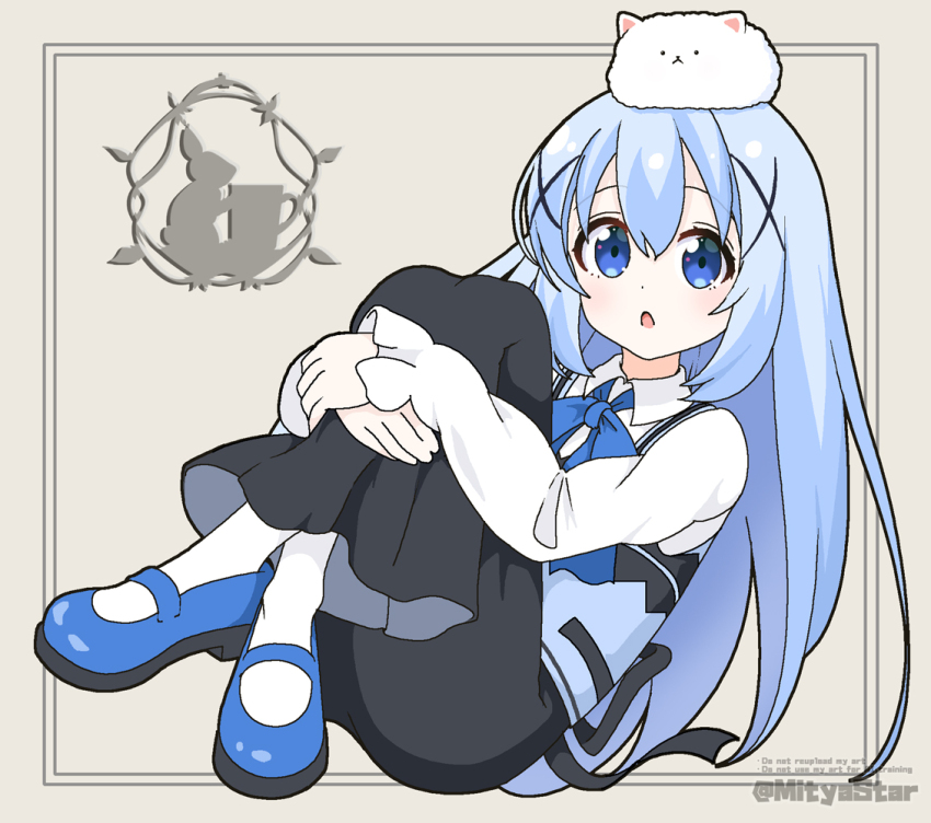 1girl :&lt; :o animal animal_on_head artist_name black_skirt blue_eyes blue_hair blue_shoes blue_vest brown_background collared_shirt commentary_request crossed_legs employee_uniform english_text full_body gochuumon_wa_usagi_desu_ka? hair_ornament hugging_own_legs kafuu_chino knees_up long_hair long_sleeves mitya on_head pale_skin pantyhose parted_lips puffy_long_sleeves puffy_sleeves rabbit_house_uniform shirt shoes skirt sleeves_past_wrists tippy_(gochiusa) twitter_username very_long_hair vest watermark white_pantyhose white_shirt x_hair_ornament