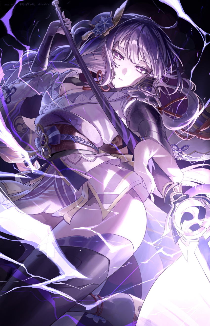 1girl absurdres black_background black_thighhighs braid breasts bridal_gauntlets cleavage commentary_request coppepan engulfing_lightning_(genshin_impact) fan_hair_ornament flower foreshortening genshin_impact glowing glowing_weapon highres holding holding_polearm holding_weapon japanese_clothes kimono large_breasts lightning long_hair low-braided_long_hair low-tied_long_hair obiage polearm purple_eyes purple_flower purple_hair purple_kimono raiden_shogun reaching reaching_towards_viewer solo thighhighs thighs weapon