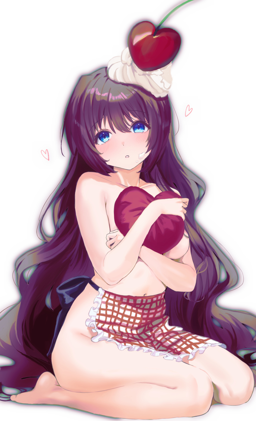 1girl a-chan_(little_busters!) absurdres apron bare_arms bare_shoulders barefoot blue_eyes blush cherry collarbone commentary_request covering_breasts covering_privates cream cream_on_face cream_on_hair crossed_arms curvy eyelashes food food_on_face frilled_apron frills fruit full_body hair_between_eyes hands_up head_tilt heart heart-shaped_pillow highres hugging_object little_busters! long_hair looking_at_viewer miiizuno_lbs naked_apron navel parted_lips pillow pillow_hug plaid_apron plaid_clothes purple_hair seiza simple_background sitting solo tareme thighs topless_female very_long_hair waist_apron wavy_hair white_apron white_background