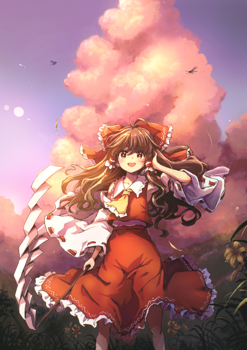 1girl :d ahoge ascot bow brown_eyes brown_hair bug cloud collared_shirt commentary cumulonimbus_cloud detached_sleeves dragonfly flower frilled_bow frilled_hair_tubes frilled_shirt_collar frilled_skirt frills gohei hair_bow hair_tubes hakurei_reimu hand_up highres holding holding_gohei insect long_hair long_sleeves looking_at_viewer mizumoto_tadashi open_mouth outdoors red_bow red_shirt red_skirt ribbon-trimmed_sleeves ribbon_trim shirt skirt sky sleeveless sleeveless_shirt smile solo standing touhou white_sleeves wide_sleeves yellow_ascot yellow_flower