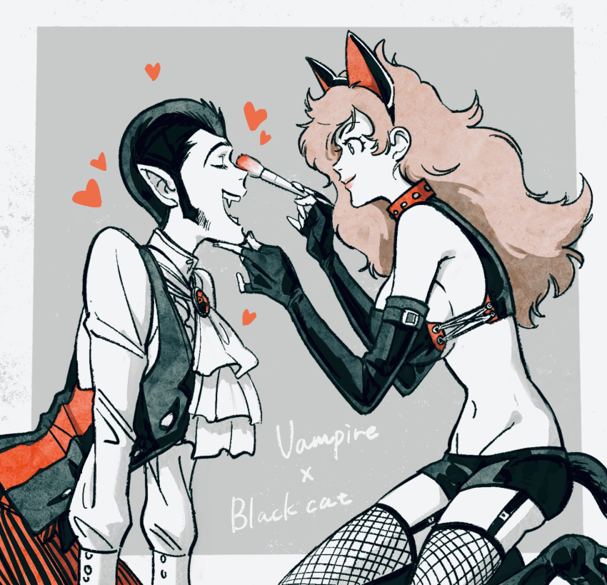 1boy 1girl animal_collar animal_ear_hairband animal_ears arsene_lupin_iii ascot black_gloves black_shorts black_vest border breasts brooch brown_hair cat_ears cat_tail closed_eyes collar eyelashes fake_animal_ears fishnet_thighhighs fishnets gloves hairband hand_on_another&#039;s_chin hashi84e heart hetero highres jewelry large_breasts lipstick long_hair long_sideburns lupin_iii makeup makeup_brush mine_fujiko pants pointy_ears short_shorts shorts sideboob sideburns striped_clothes striped_pants tail thighhighs vest white_ascot white_border