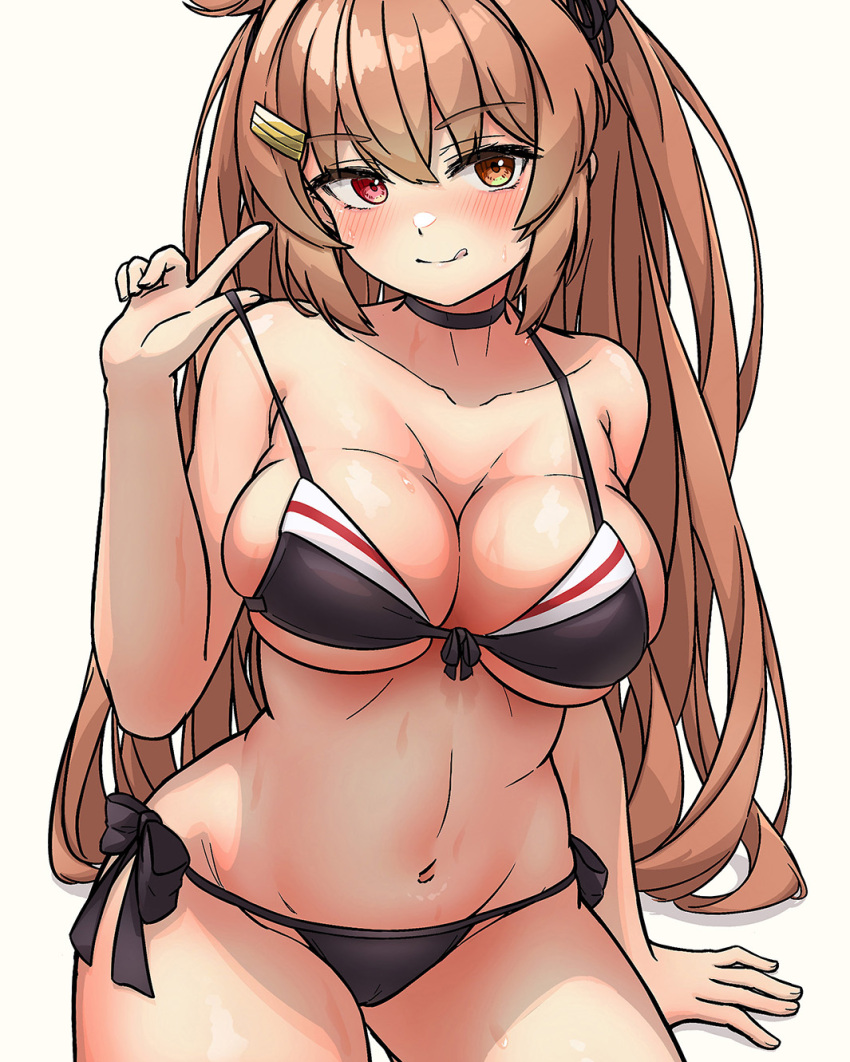 1girl :p arthur_ko bare_legs barefoot bikini black_bikini black_choker breasts brown_hair choker cleavage closed_mouth collarbone commentary_request cropped feet hair_between_eyes hair_ornament hair_ribbon hairclip highres kantai_collection large_breasts long_hair looking_at_viewer murasame_(kancolle) navel red_eyes ribbon sidelocks skindentation solo swimsuit thigh_strap toes tongue tongue_out underboob