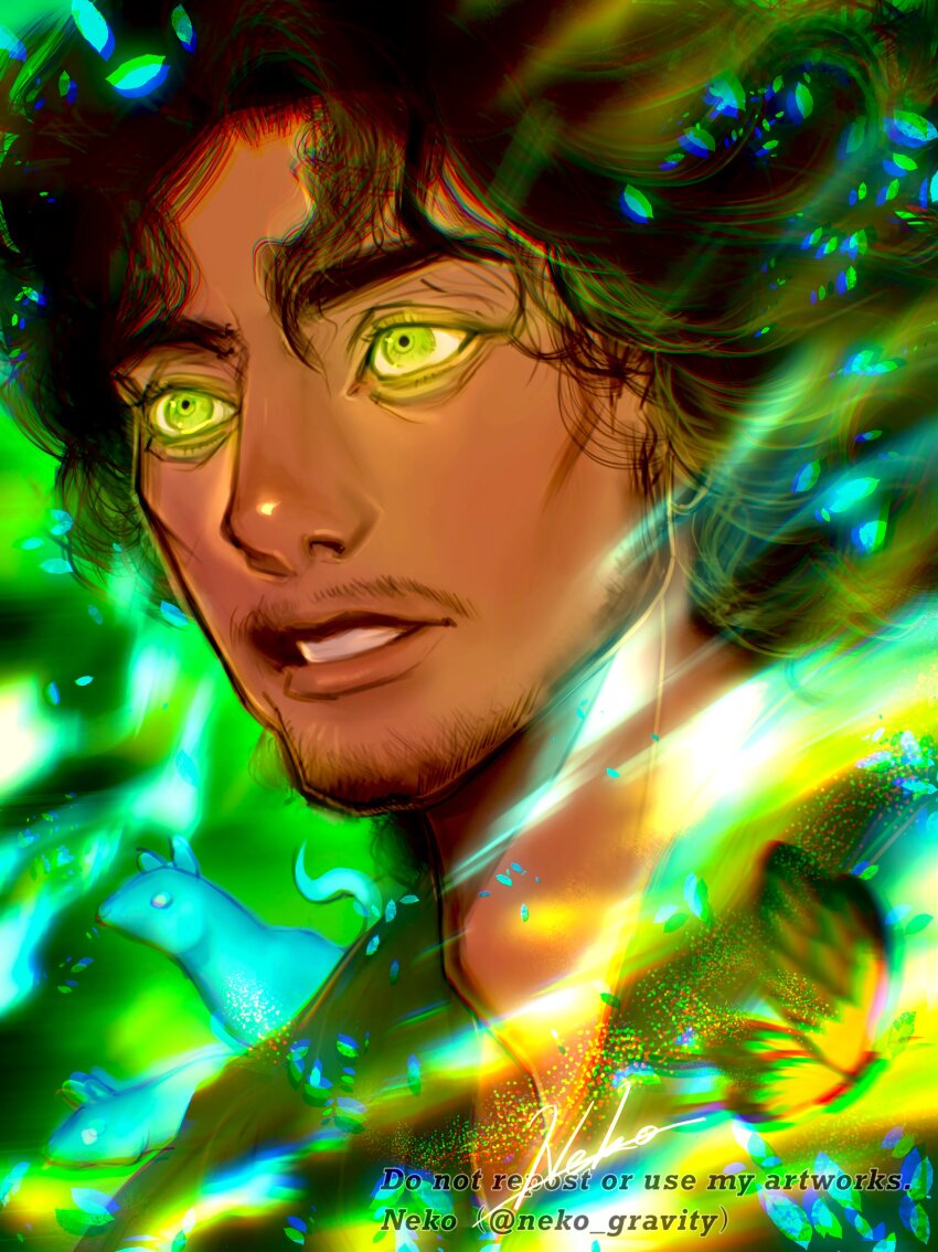 1boy absurdres animal_request arepa bruno_madrigal colombian_clothes curly_hair dark-skinned_male dark_skin encanto facial_hair goatee green_poncho highres leaf looking_at_viewer mustache nyamunekonabe poncho short_hair simple_background