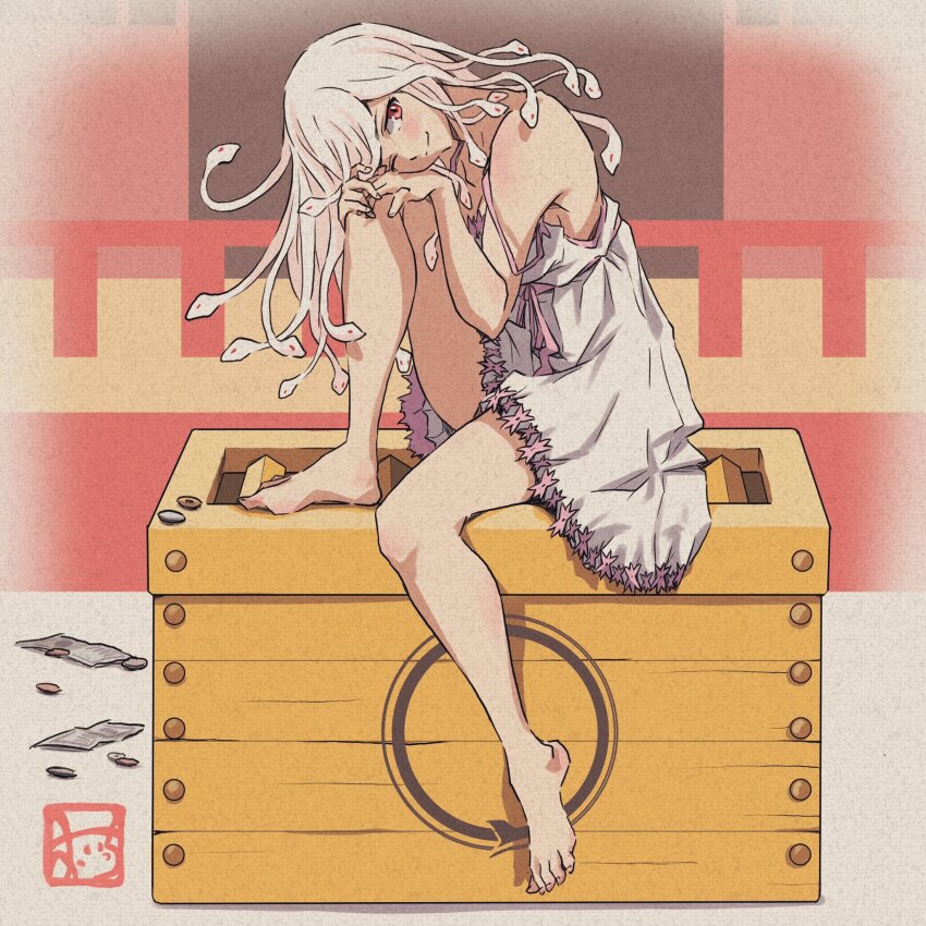 1girl bare_shoulders barefoot blush box closed_mouth donation_box dress feet from_side full_body hands_on_own_knee head_on_knee highres knee_up legs light_smile living_hair looking_at_viewer monogatari_(series) oicchikun one_eye_closed red_eyes sengoku_nadeko short_dress shrine signature sitting snake snake_hair soles solo strap_slip white_dress white_hair white_snake