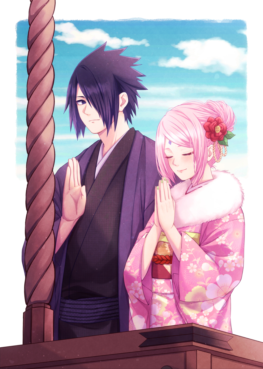 1boy 1girl absurdres alternate_costume alternate_hairstyle black_eyes black_hair black_kimono closed_eyes closed_mouth cloud facial_mark floral_print floral_print_kimono forehead_mark fur_trim green_nails hair_bun hair_over_one_eye haori haruno_sakura highres japanese_clothes kimono long_sleeves looking_at_another mochiii-s naruto_(series) naruto_shippuuden own_hands_clasped own_hands_together pink_hair pink_kimono praying print_kimono short_hair shrine uchiha_sasuke wide_sleeves