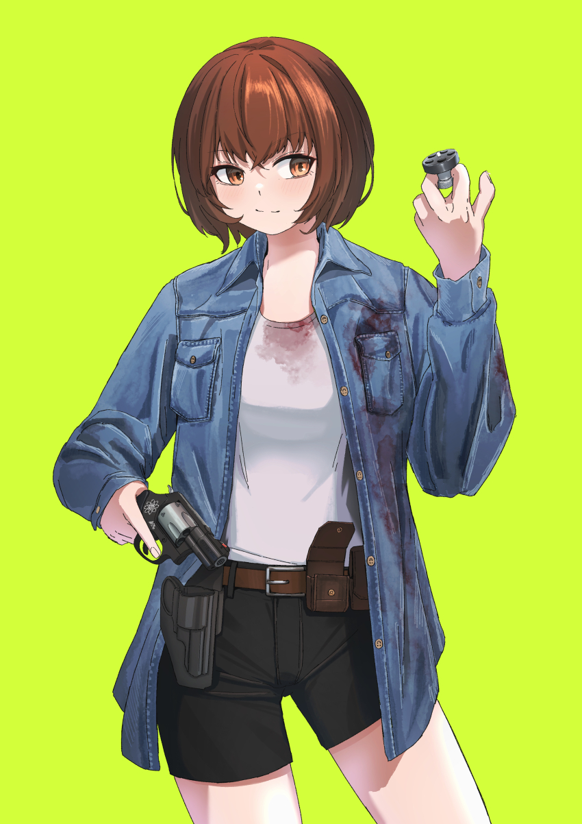 1girl absurdres belt blood blood_on_clothes bob_cut brown_eyes brown_hair commission green_background gun handgun highres jacket okapi_(yomaigoto) open_clothes open_jacket original pixiv_commission reloading revolver shirt shorts smile solo t-shirt trigger_discipline weapon