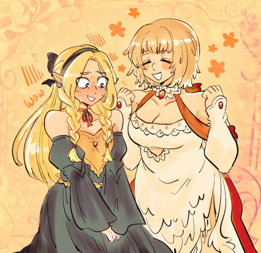 2girls bare_shoulders black_dress blonde_hair closed_eyes dress dungeon_meshi earrings embarrassed falin_touden highres jewelry long_hair looking_at_another looking_at_breasts marcille_donato ministarfruit multiple_girls open_mouth pointy_ears short_hair simple_background yellow_background yellow_eyes
