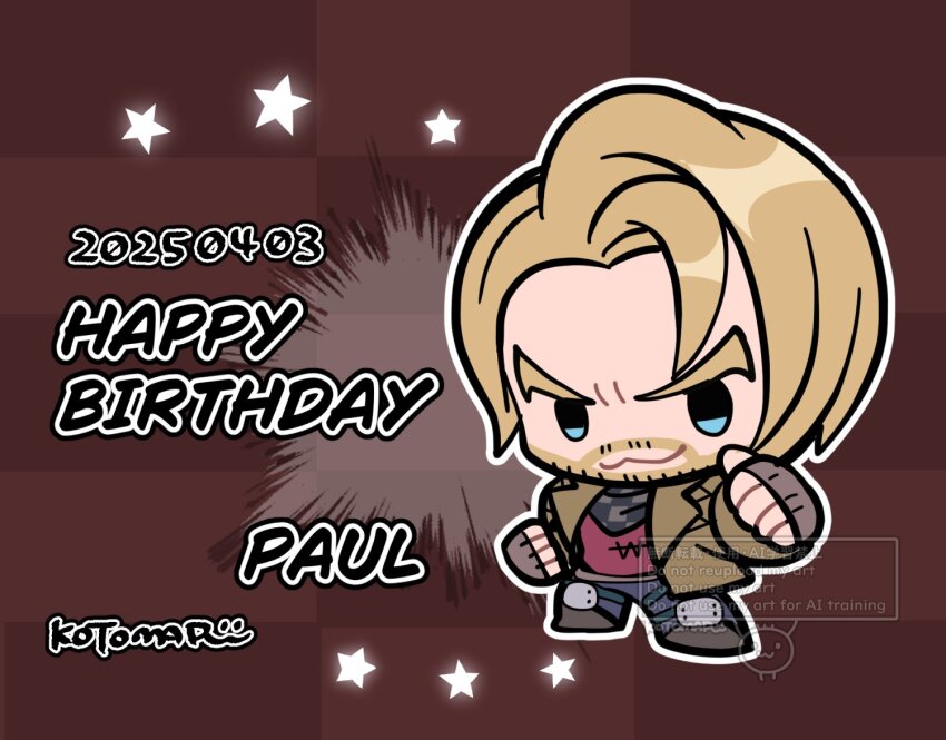 1boy artist_name beard brown_background brown_hair brown_jacket character_name chibi chibi_only closed_mouth connected_beard dated facial_hair fingerless_gloves gloves happy_birthday jacket kotorai male_focus outline paul_phoenix solo star_(symbol) tekken tekken_8 watermark white_outline